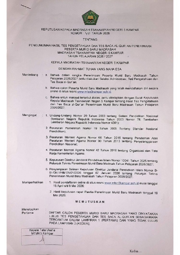 PENGUMUMAN HASIL TES PENGETAHUAN DAN TES BACA AL QURAN PMBM JALUR REGULER MTsN 5 KAMPAR TA. 2026.2027