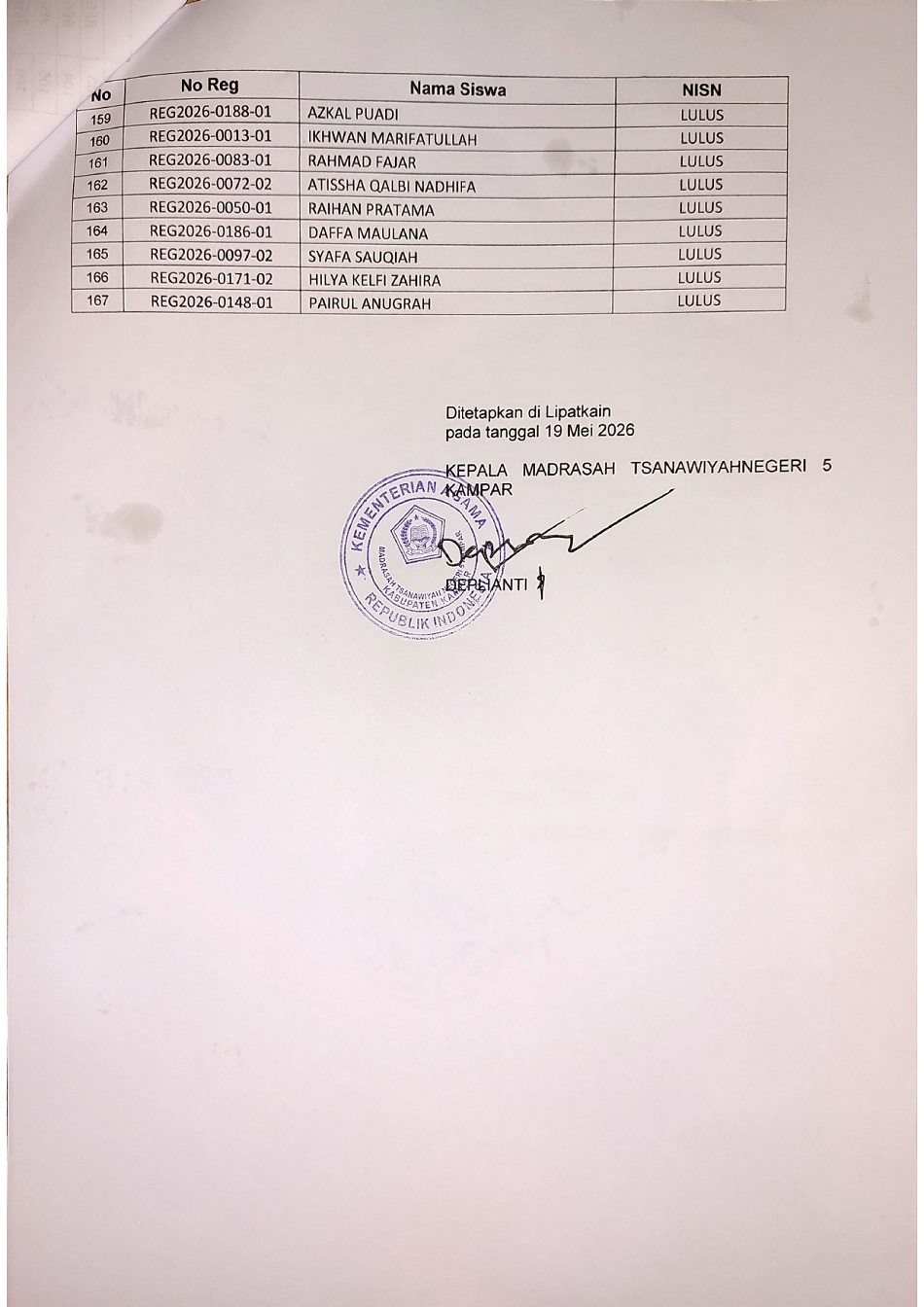 PENGUMUMAN HASIL TES PENGETAHUAN DAN TES BACA AL QURAN PMBM JALUR REGULER MTsN 5 KAMPAR TA. 2026.2027