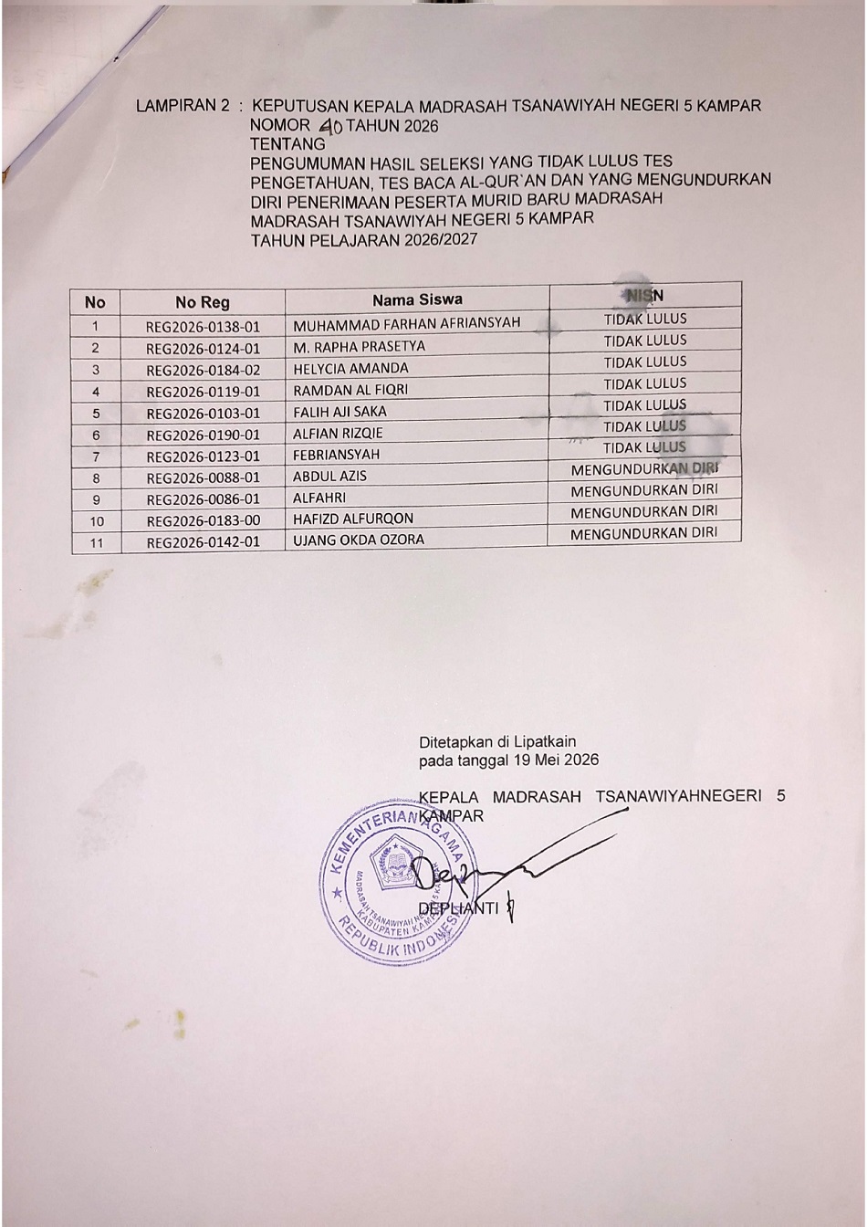 PENGUMUMAN HASIL TES PENGETAHUAN DAN TES BACA AL QURAN PMBM JALUR REGULER MTsN 5 KAMPAR TA. 2026.2027